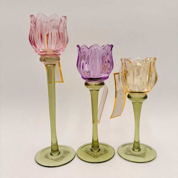 Set of 3 Glass Tulip Tea Light Candle Holders Pink Purple Amber Pedestal Vases